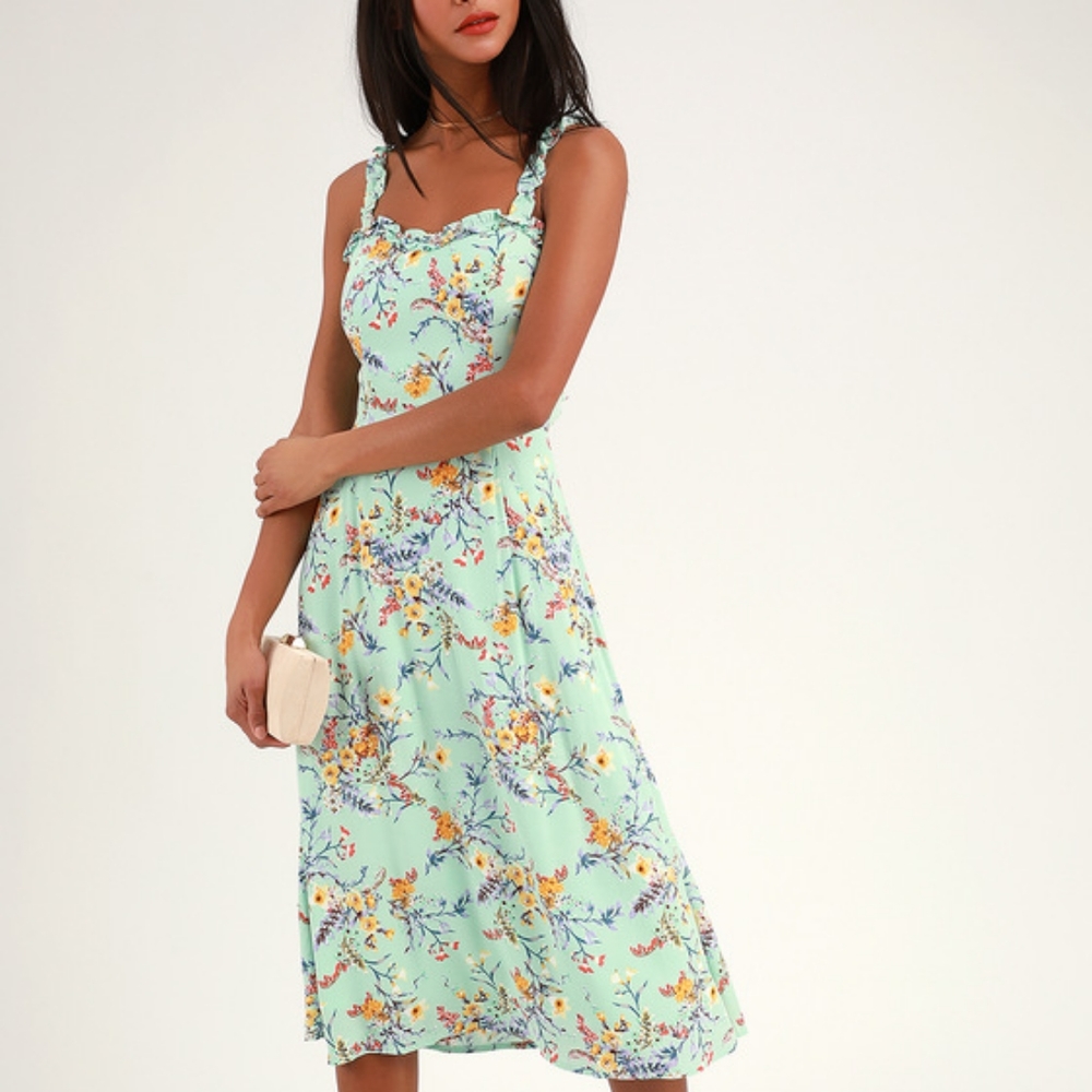 Lulus NWT Sunny Meadow Sage Floral Tie-Back Dress